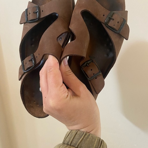 MEPHISTO BROWN DOUBLE STRAP NUBUCK LEATHER CORK TERIE WEDGE SLIP ON SANDALS - Picture 2 of 8